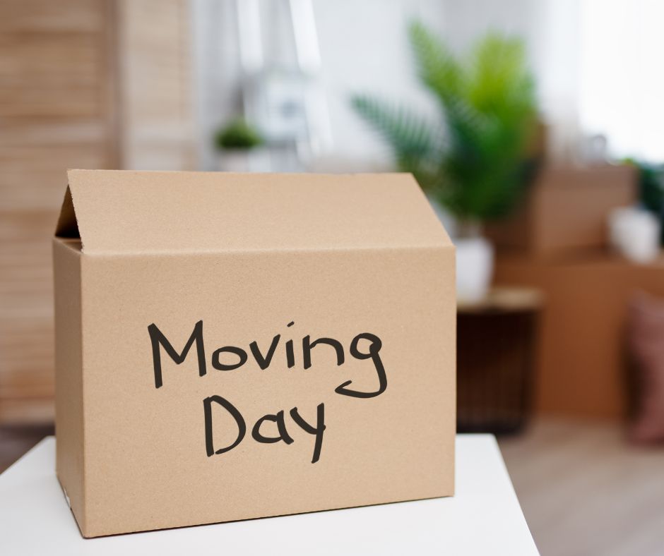 A cardboard box has the words "Moving Day" written on it