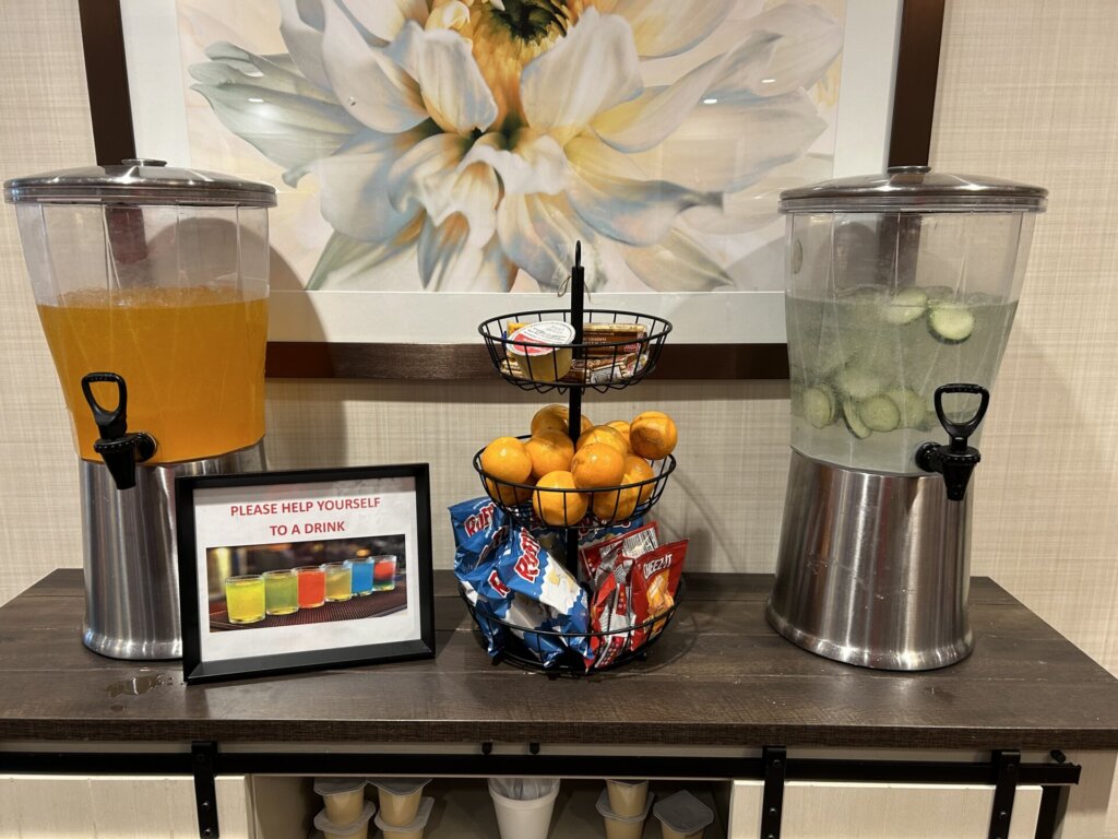 A close-up of the hydration station with chips and oranges used to encourage or subtly remind memory care residents to eat and drink at Traditions Meadow Brook Senior Living in Fishers, IN.