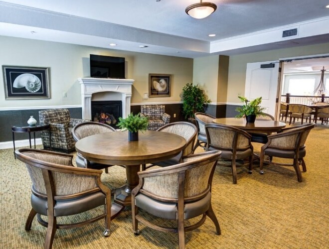 This is a lounge area with a fireplace